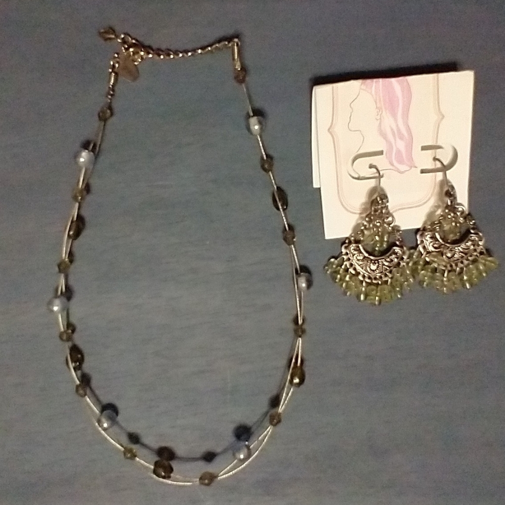 Beaded Chandelier Earrings with Beaded Wire Necklace both in shades of green